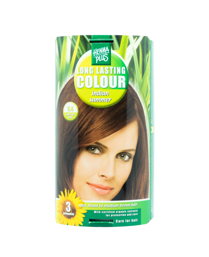 Hennaplus ilgalaikiai plaukų dažai su 9 ekologiškais ekstraktais, spalva Indijos vasara 5.4
